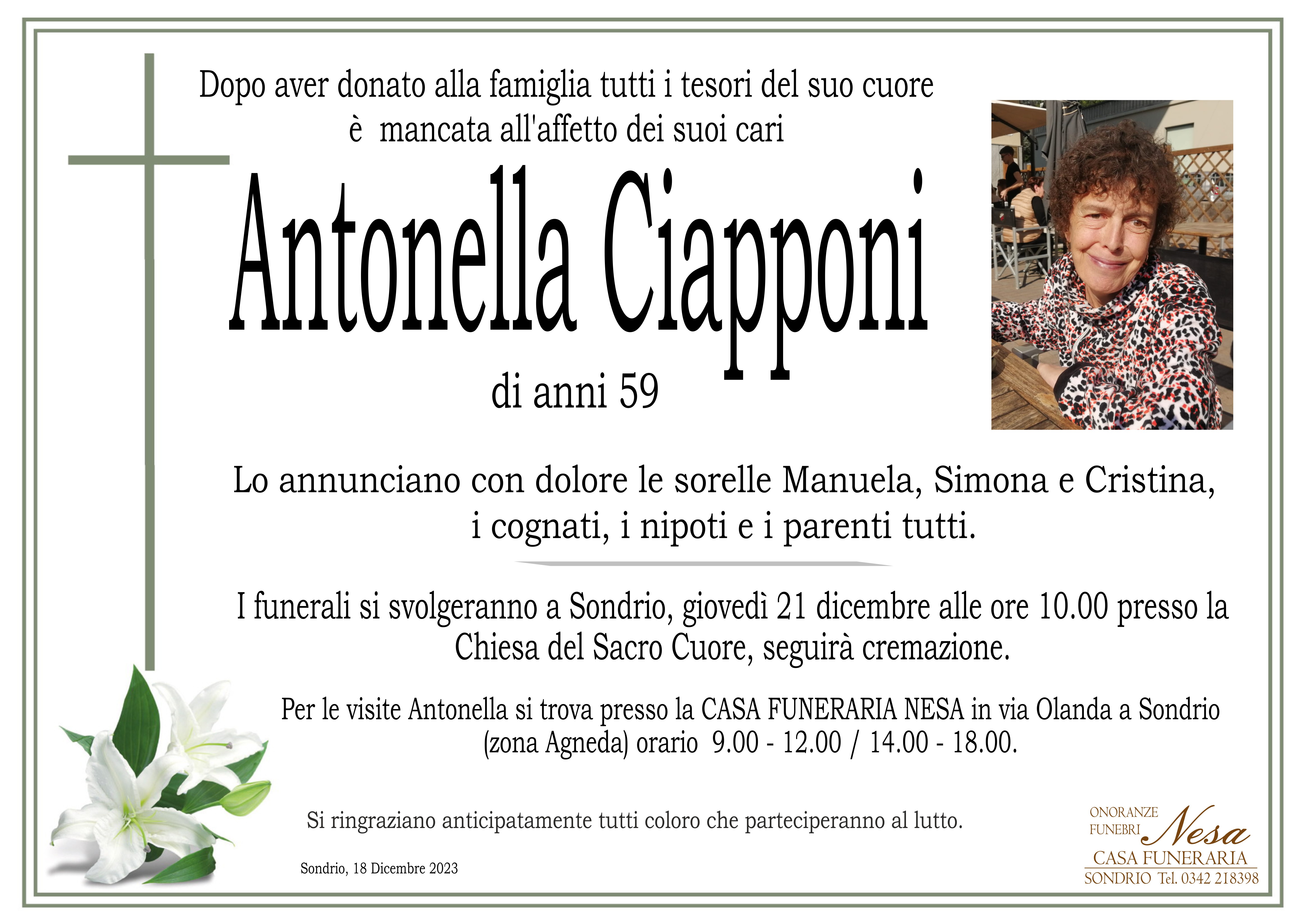 Annuncio funebre di Antonella Ciapponi | Nesa Onoranze Funebri
